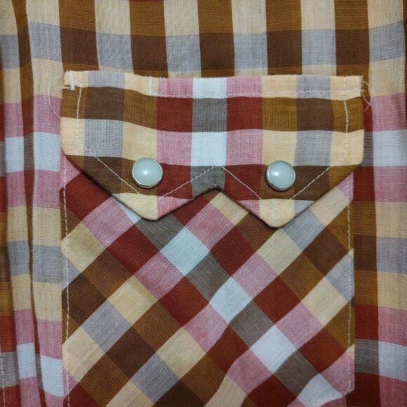 Dee Cee Brand Mens XL Western Shirt Brown Red Plaid Snap Up Short Sleeve Vintage - Picture 2 of 5